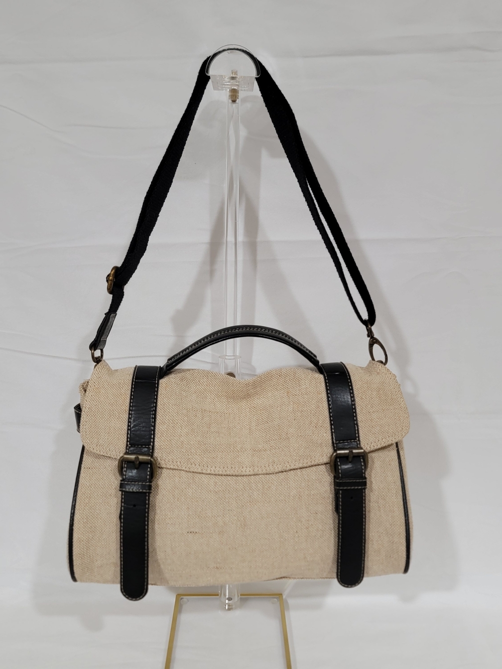 Canvas and Black Leather Trim Messenger Bag - Beige